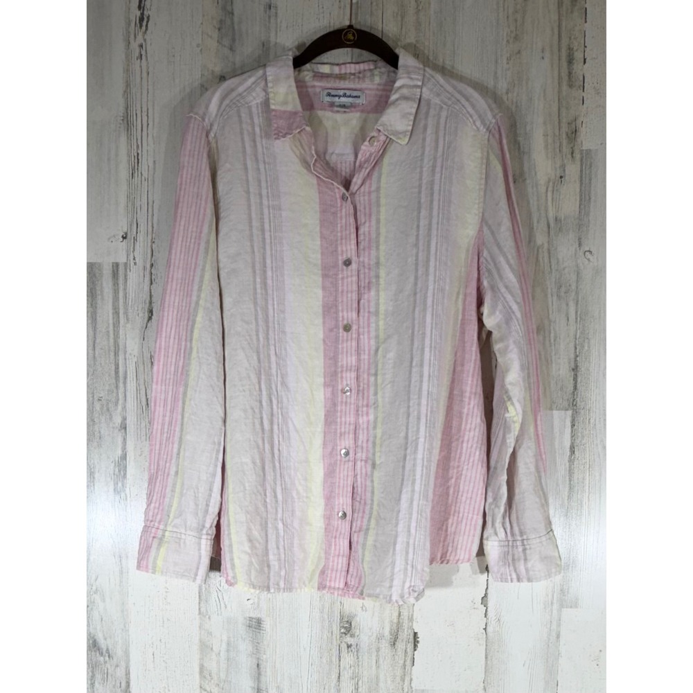 Tommy Bahama Linen Button Front Shirt Size Large Pink Yellow Striped Coastal